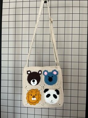 Cream Crochet Crossbody Bag with Animal Face Appliqués
